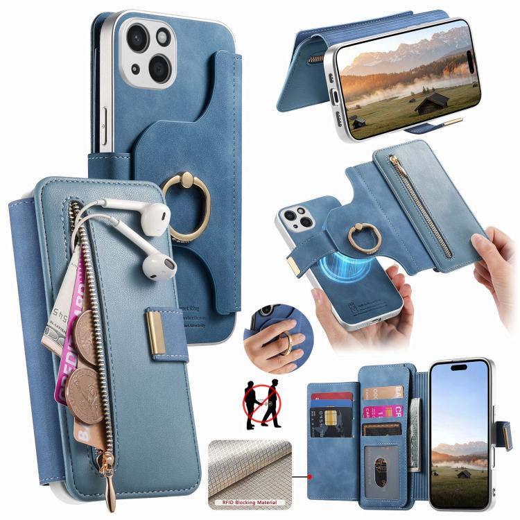 Precision Hole Silver-Edged Ring RFID Blocking Zipper Wallet Magnetic Vegan Leather Phone Case, For iPhone 14, For iPhone 14 Pro, For iPhone 14 Pro Max