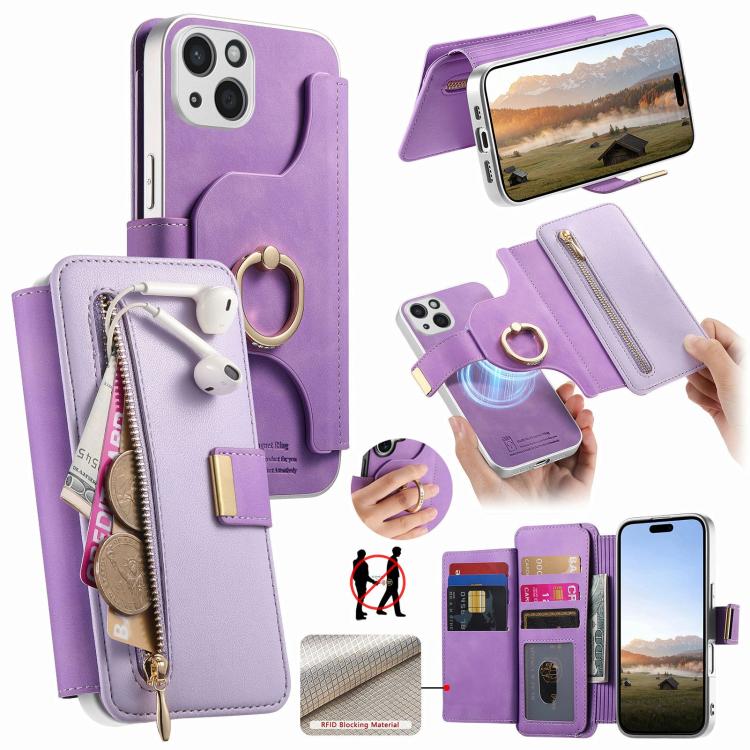 Precision Hole Silver-Edged Ring RFID Blocking Zipper Wallet Magnetic Vegan Leather Phone Case, For iPhone 14, For iPhone 14 Pro, For iPhone 14 Pro Max