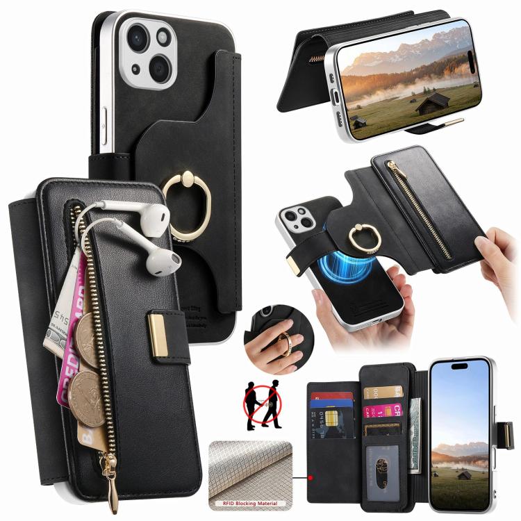 Precision Hole Silver-Edged Ring RFID Blocking Zipper Wallet Magnetic Vegan Leather Phone Case, For iPhone 14, For iPhone 14 Pro, For iPhone 14 Pro Max
