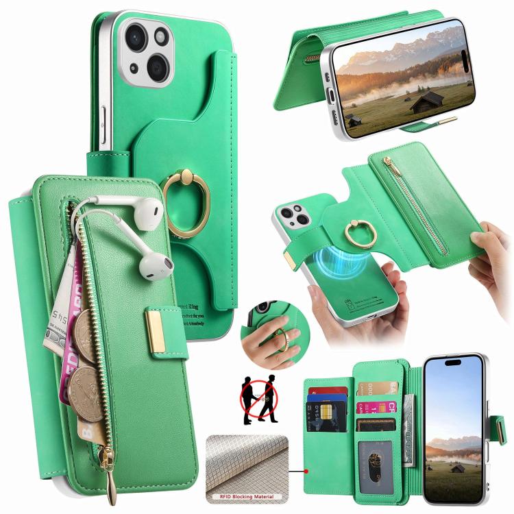 Precision Hole Silver-Edged Ring RFID Blocking Zipper Wallet Magnetic Vegan Leather Phone Case, For iPhone 14, For iPhone 14 Pro, For iPhone 14 Pro Max