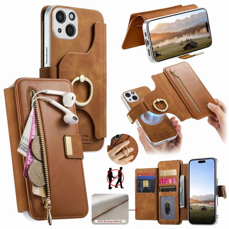 Precision Hole Silver-Edged Ring RFID Blocking Zipper Wallet Magnetic Vegan Leather Phone Case, For iPhone 14, For iPhone 14 Pro, For iPhone 14 Pro Max