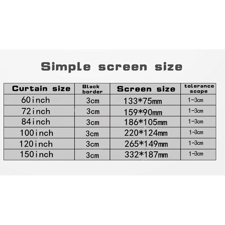 Simple Folding Thin Polyester Projector Film Curtain, 60 inch (16:9) Projection Area: 132x75cm, 60 inch (4:3) Projection Area: 120x90cm, 72 inch (16:9) Projection Area: 159x90cm, 72 inch (4:3) Projection Area: 146x110cm...