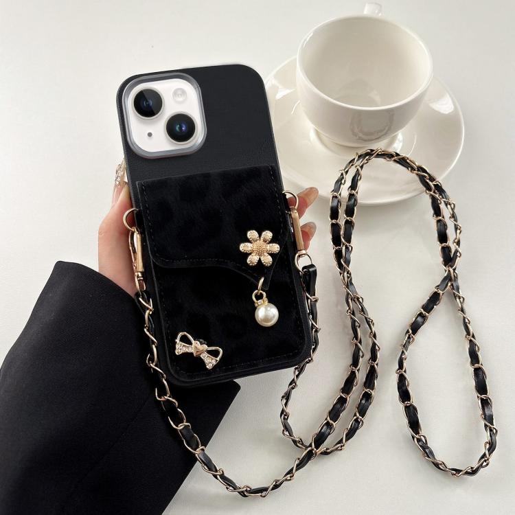 Leather Leopard Print Card Bag Phone Case with Crossbody Chain, For iPhone 15 Plus, For iPhone 15