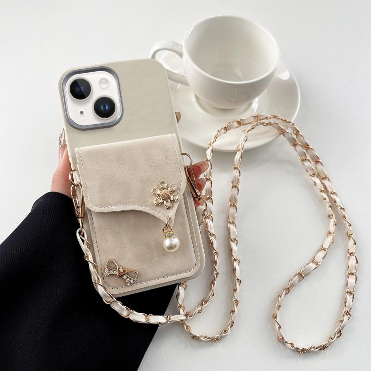 Leather Leopard Print Card Bag Phone Case with Crossbody Chain, For iPhone 15 Plus, For iPhone 15