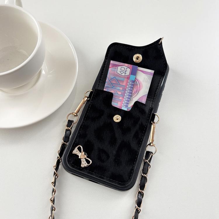 Leather Leopard Print Card Bag Phone Case with Crossbody Chain, For iPhone 15 Plus, For iPhone 15