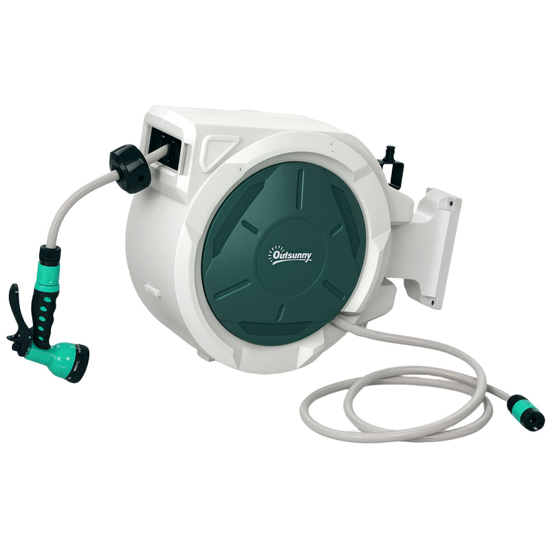 Outsunny Retractable Hose Reel Wall Mounted with Lock, Light Grey