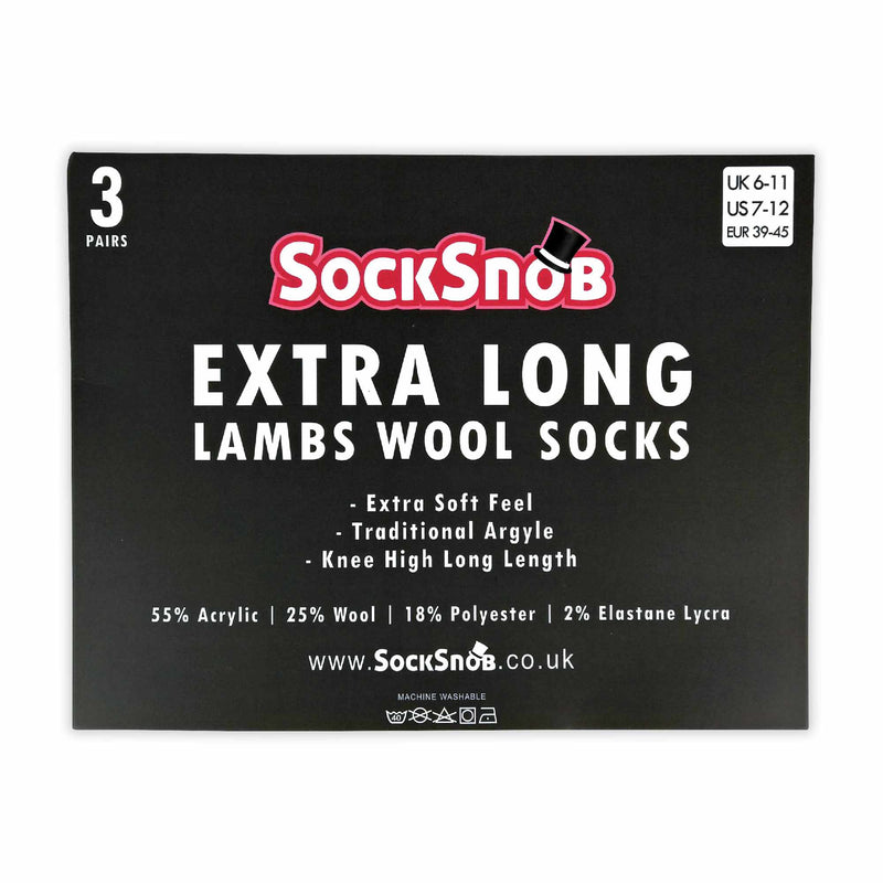 3 Pack Mens Extra Long Knee High Argyle Lambs Wool Socks