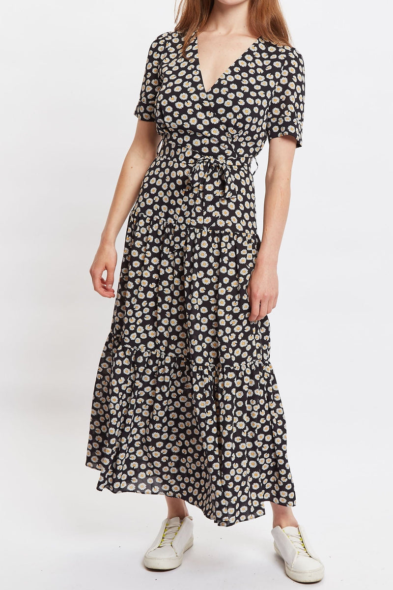 Louche Emin Daisy Dancer Print Short Sleeve Tie Midi Dress - Black
