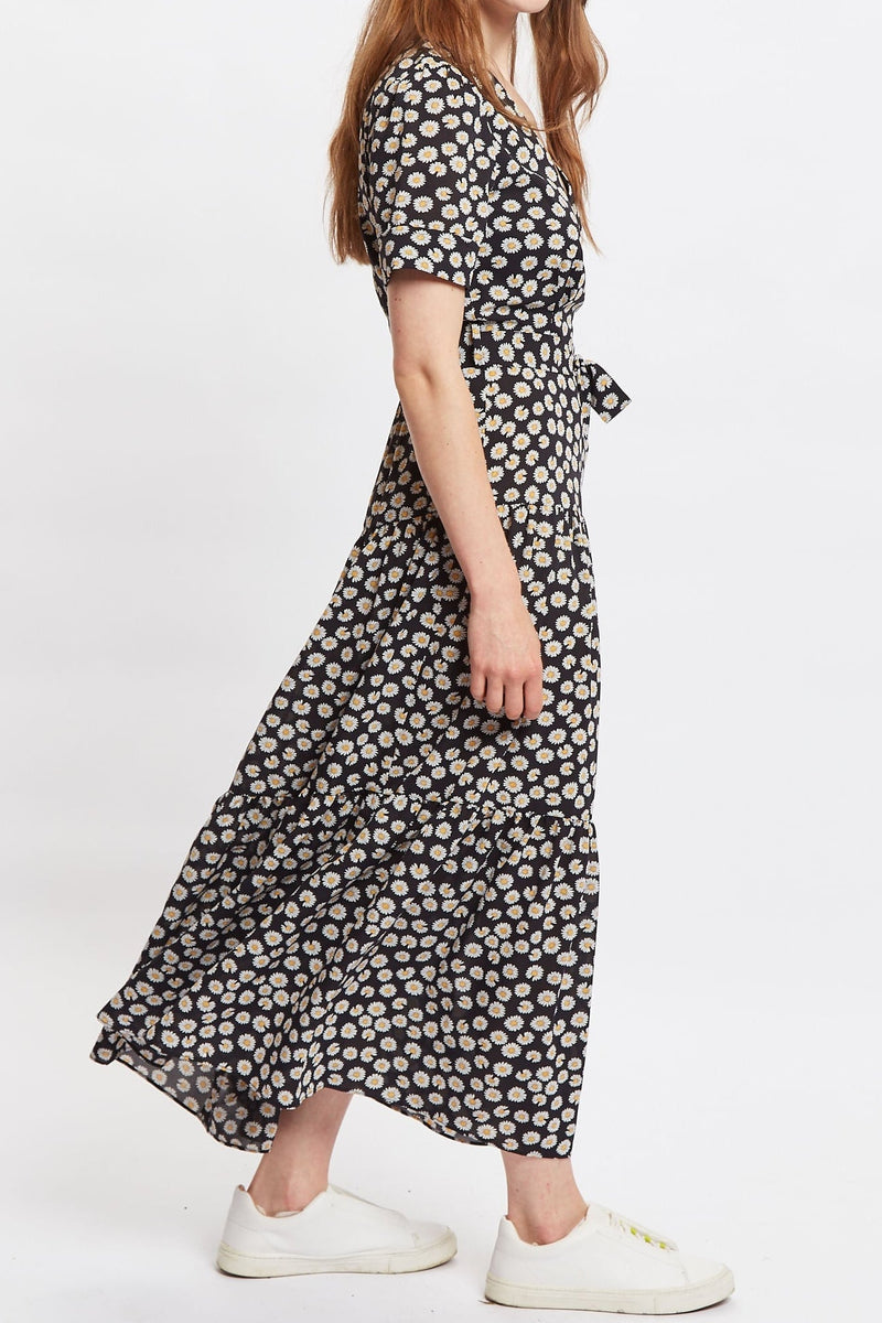 Louche Emin Daisy Dancer Print Short Sleeve Tie Midi Dress - Black