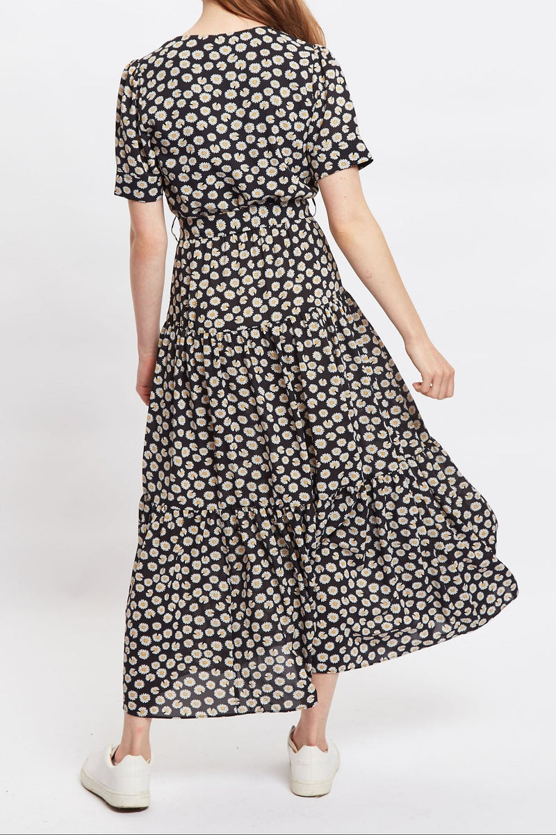 Louche Emin Daisy Dancer Print Short Sleeve Tie Midi Dress - Black
