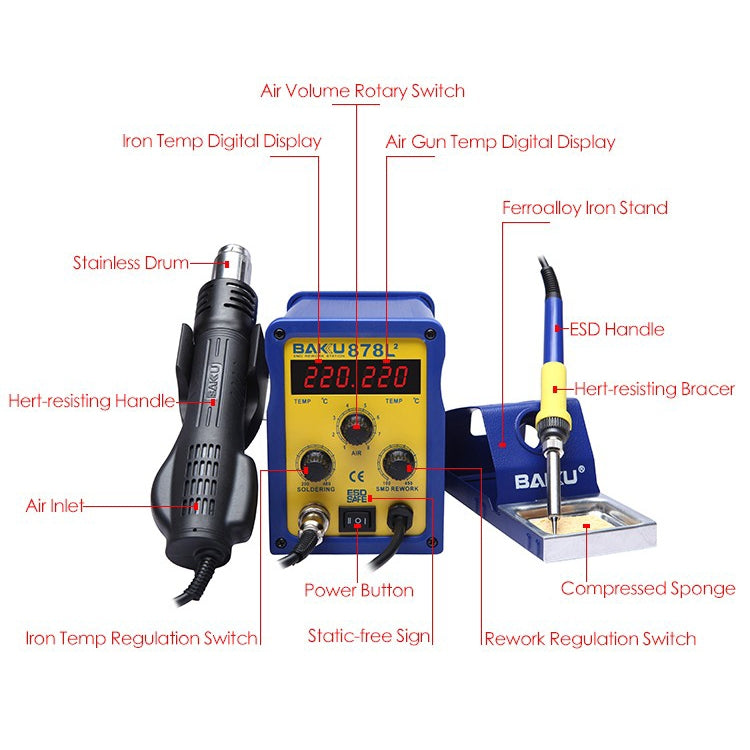 BAKU BK-878L2 AC 220V LED Display 2 in 1 Hot Air Gun Soldering Iron Soldering Station, BK-878L2 AC 220V