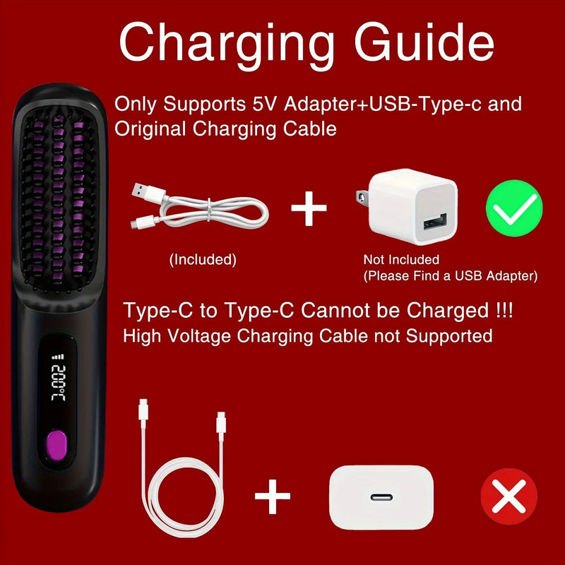 USB Rechargeable Electric Hair Straightener Brush - Portable Fast Heating Ionic Comb