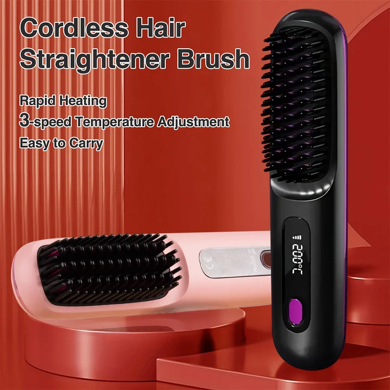 USB Rechargeable Electric Hair Straightener Brush - Portable Fast Heating Ionic Comb