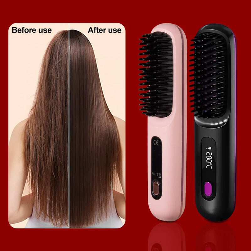 USB Rechargeable Electric Hair Straightener Brush - Portable Fast Heating Ionic Comb