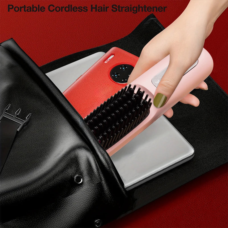 USB Rechargeable Electric Hair Straightener Brush - Portable Fast Heating Ionic Comb