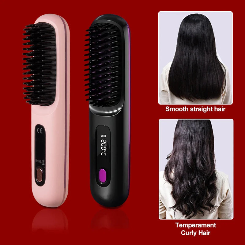 USB Rechargeable Electric Hair Straightener Brush - Portable Fast Heating Ionic Comb