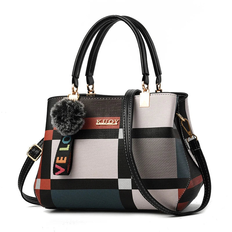 Elegant Women’s PU Leather Crossbody Messenger Handbag Fur Detail Tote Bag