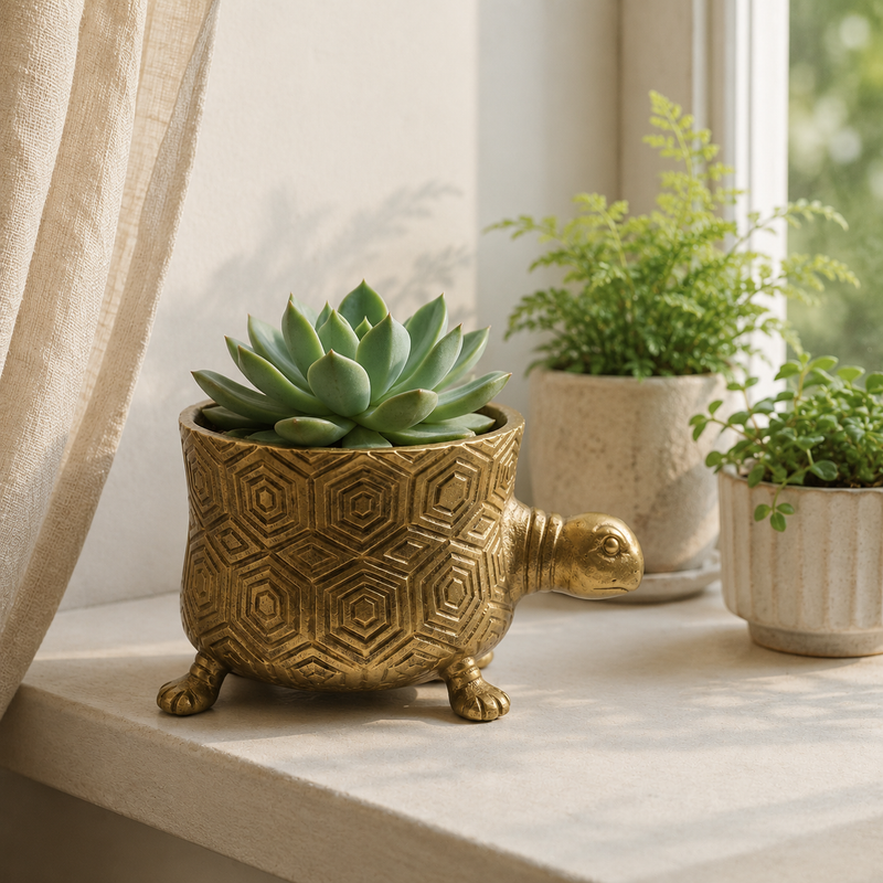 Turtoise Solid Cast Brass Metal Planter Pot - Succulents & Plants