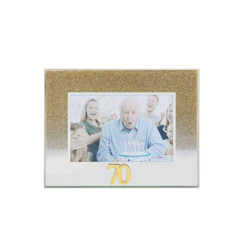 Celebrations 70th Gold Glitter Glass Frames | Standing Strut | Mirror Finish