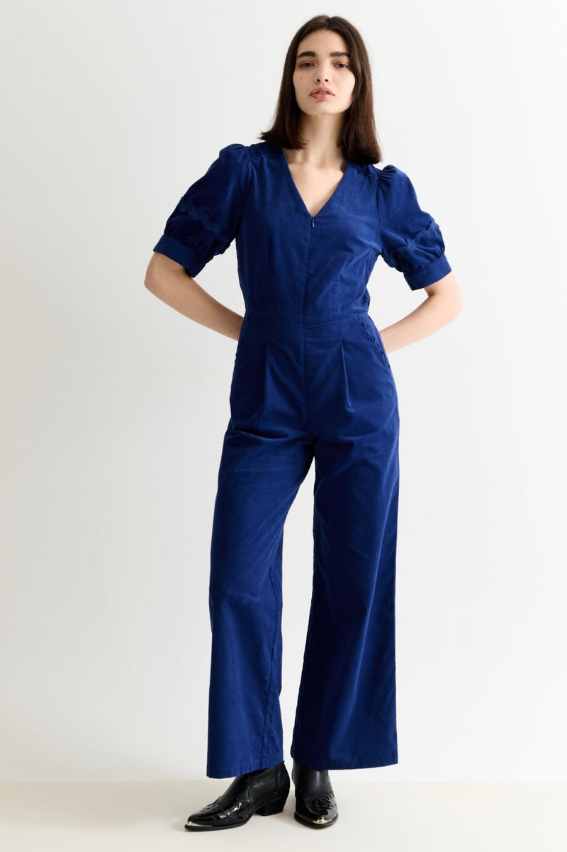 Finlay Babycord V Neck Ric Rac Trim Jumpsuit - Navy