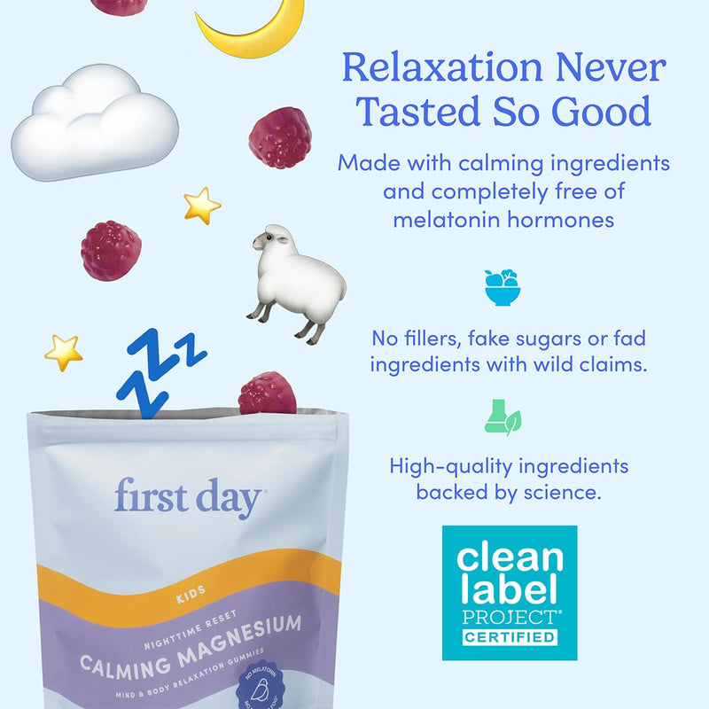 FIRST DAY Magnesium for Kids Gummies – Sleep & Relaxation Support, No Melatonin, Strawberry