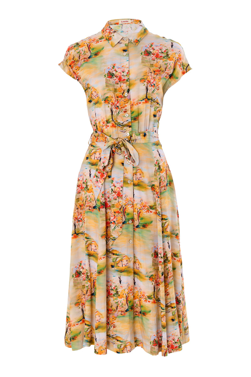 Fleur Oriental Landscape Print Midi Shirtdress - Yellow
