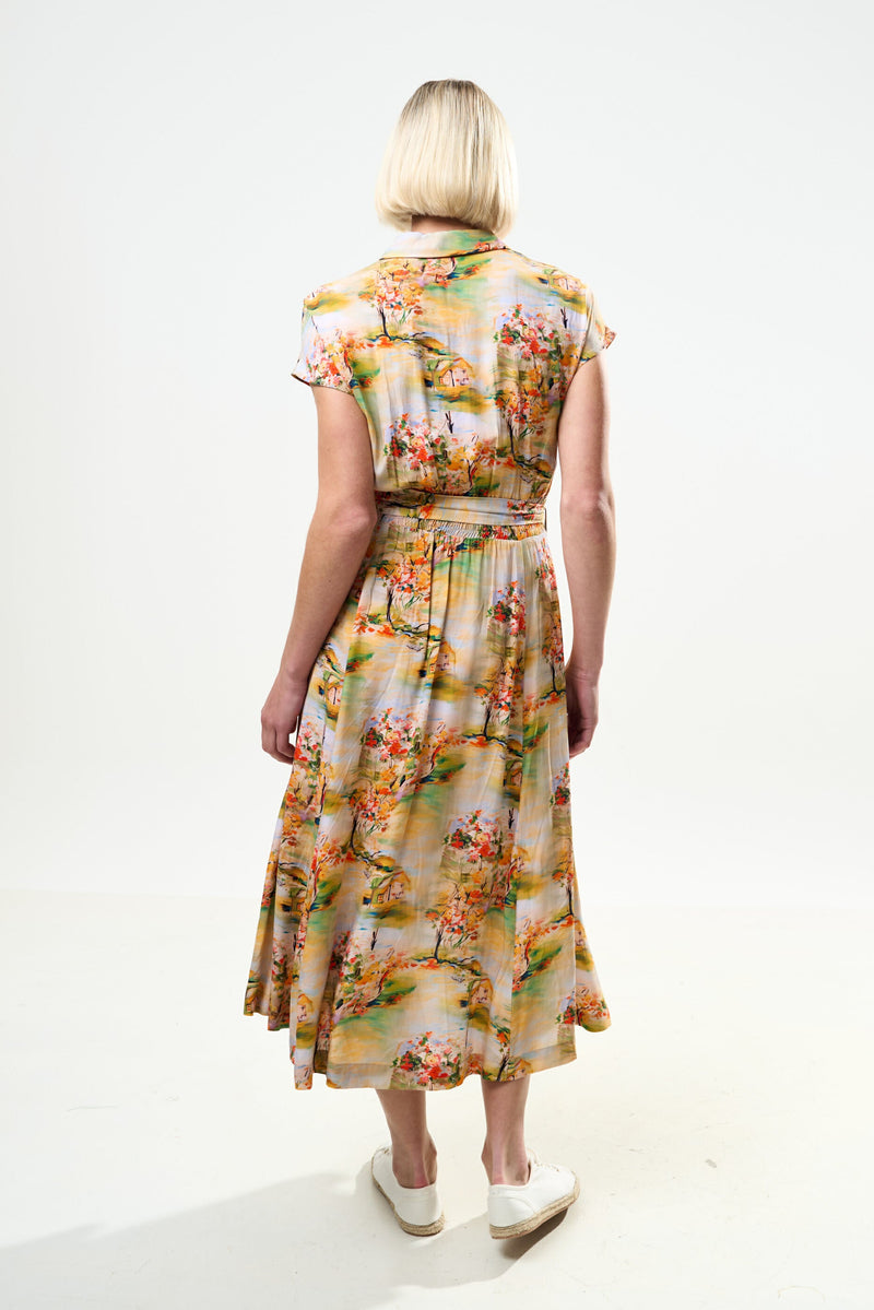 Fleur Oriental Landscape Print Midi Shirtdress - Yellow