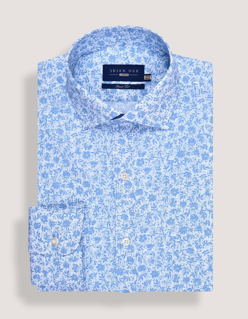 White and Sky Blue Botanical Print Formal Shirt