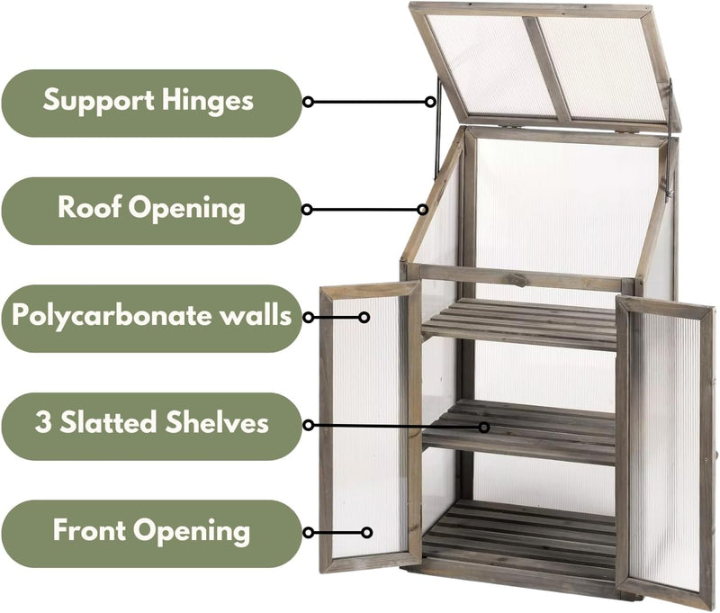 Wooden Cold Frame Mini Greenhouse 3 Tier with Hinged Lid
