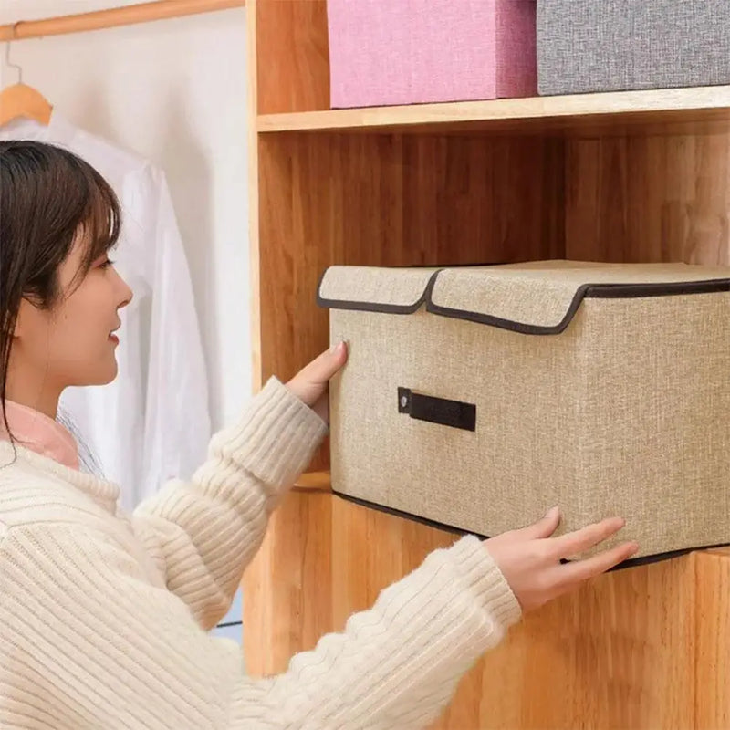 Fabric Foldable Storage Box with Double Lid – Large Covered Home Organiser Boxes