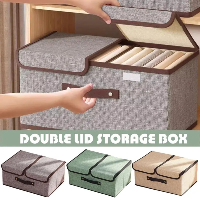 Fabric Foldable Storage Box with Double Lid – Large Covered Home Organiser Boxes
