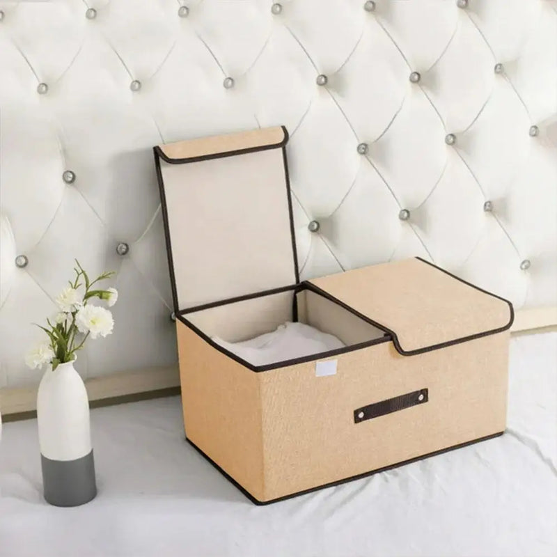 Fabric Foldable Storage Box with Double Lid – Large Covered Home Organiser Boxes
