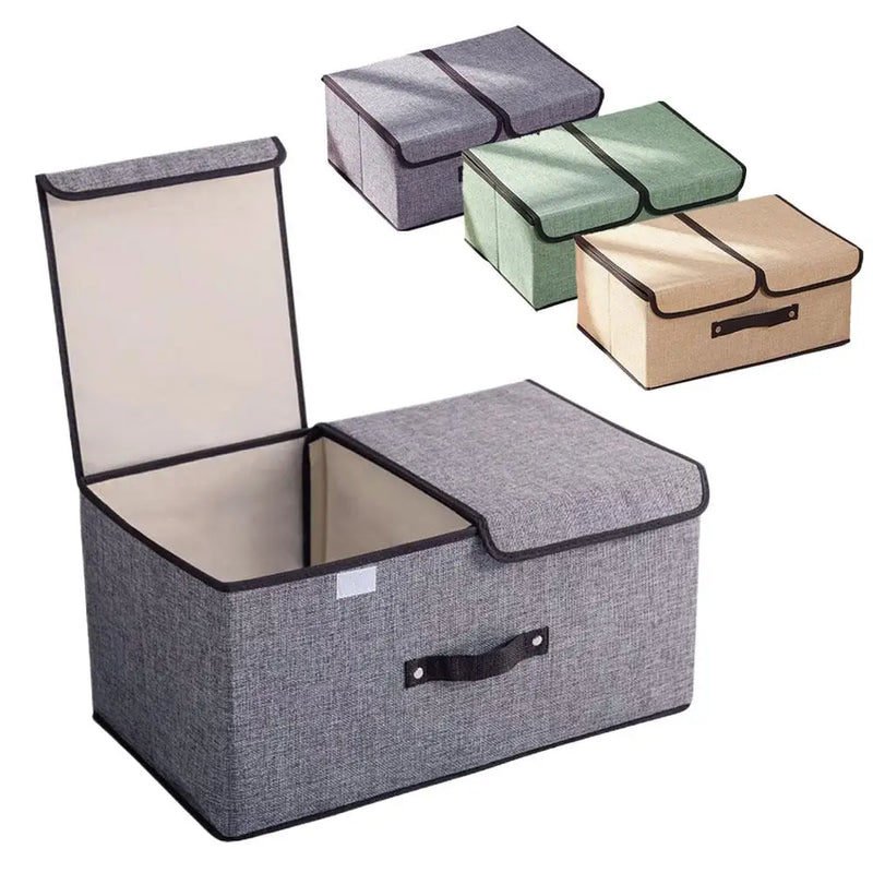 Fabric Foldable Storage Box with Double Lid – Large Covered Home Organiser Boxes