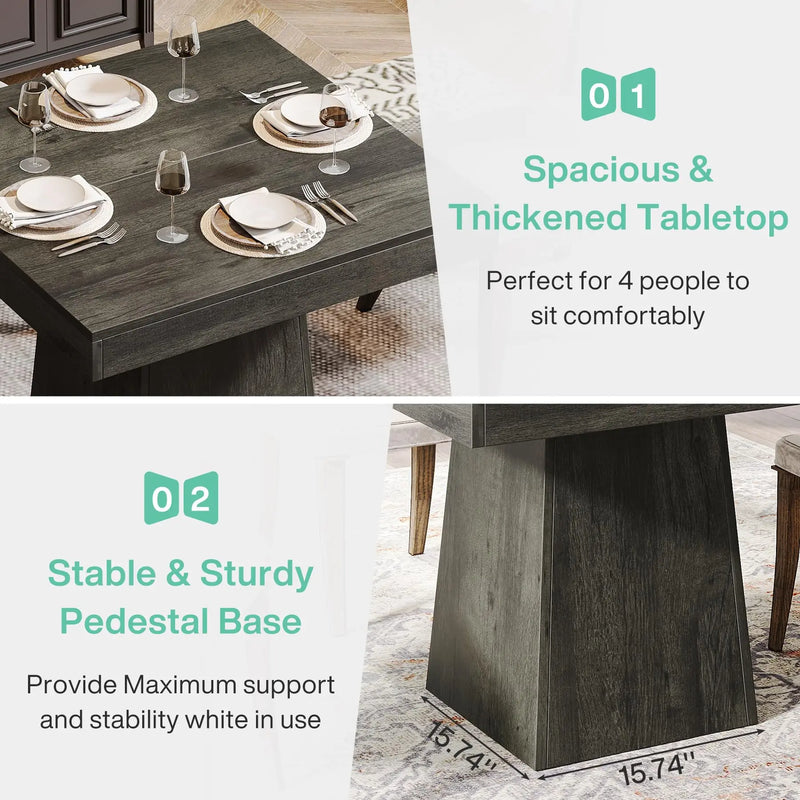 Square Farmhouse Wood Dining Table for 4 Wooden Kitchen Dinner Table Pedestal Base