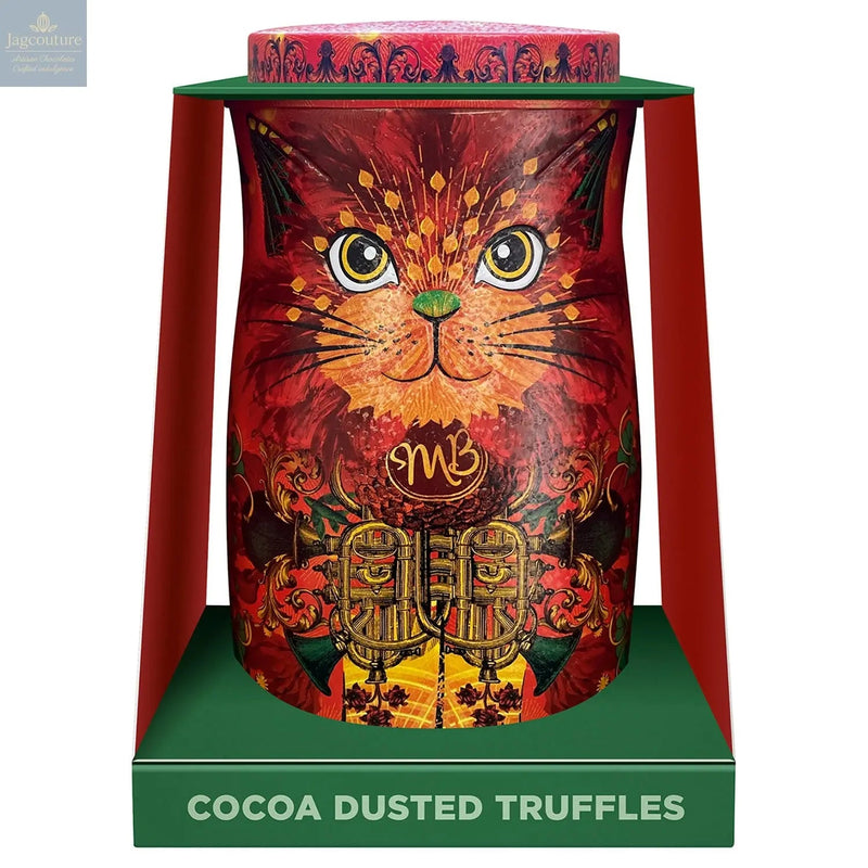 Fire Dancer orange cat tin of Angelical orange flavour cocoa dusted truffles