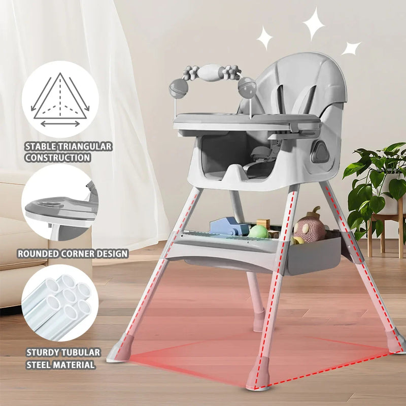Foldable Baby High Chair - 6+ Months, Anti-Slip & Toy Rack, Easy Clean