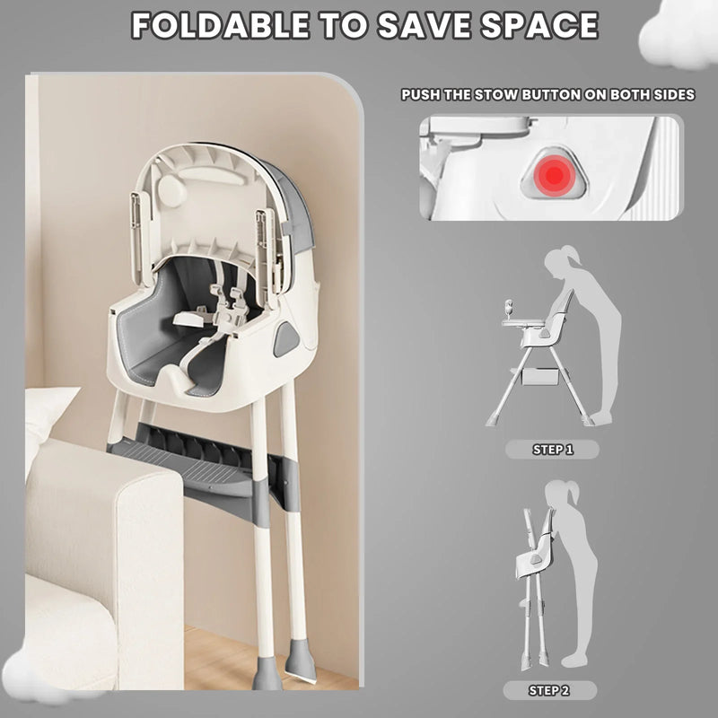 Foldable Baby High Chair - 6+ Months, Anti-Slip & Toy Rack, Easy Clean