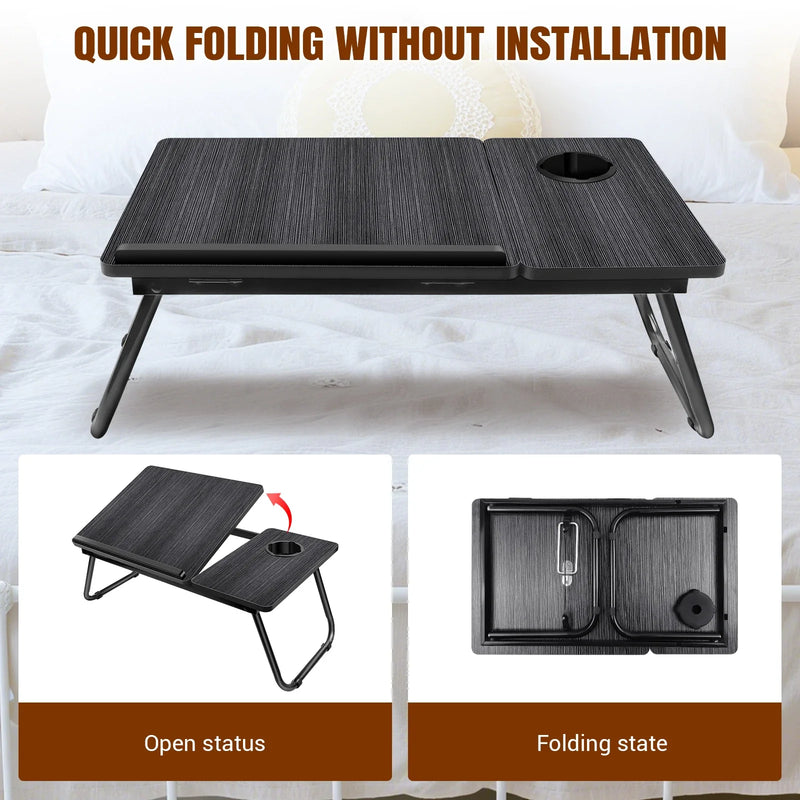 Foldable Laptop Bed Table Desk with Cup Holder & Device Stand Black Portable