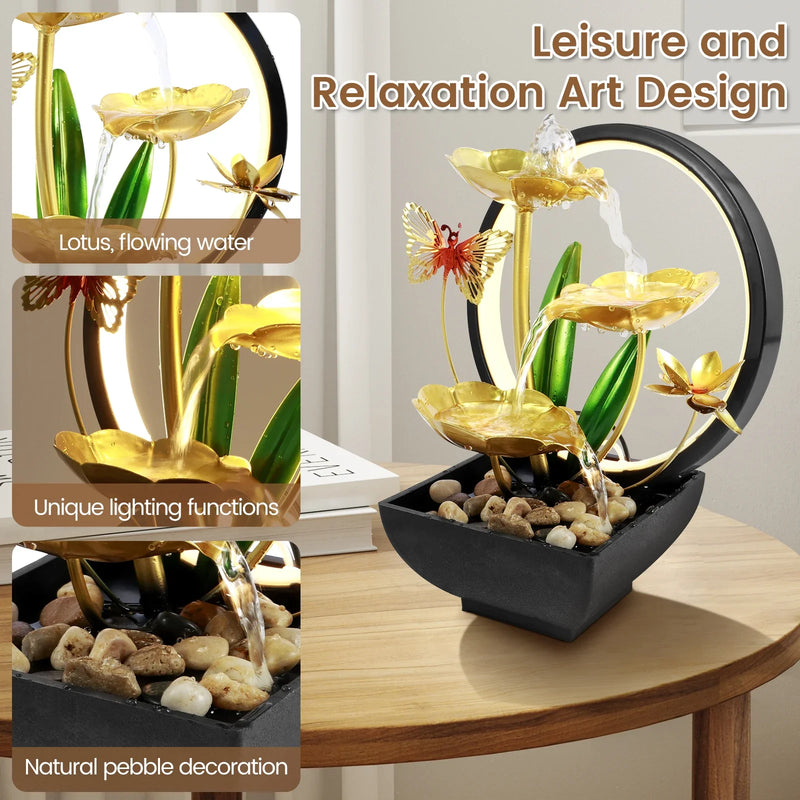 Fountain Ornament with LED Ring Light - USB Powered Natural Rock Desktop Waterfall for Home & Office Relaxation