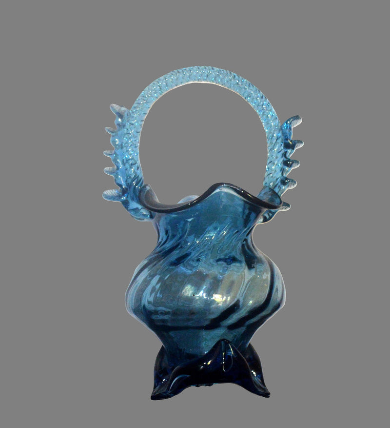 Sapphire Blue Art Glass Basket with Twisted Handle – Collectible Vase