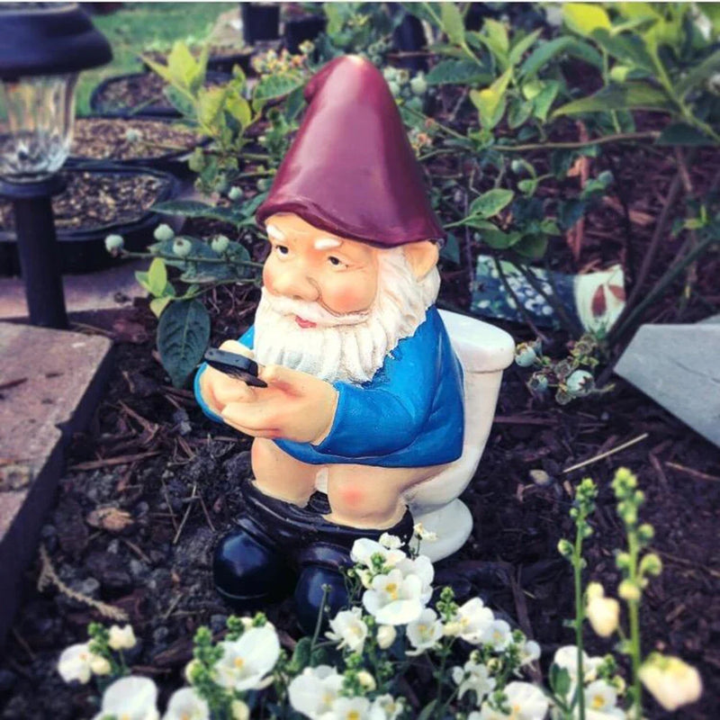 Funny Garden Gnome Statue - Naughty Miniature Gnome on Toilet Using Phone - Outdoor Garden Ornament
