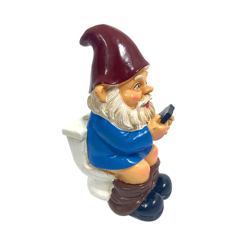 Funny Garden Gnome Statue - Naughty Miniature Gnome on Toilet Using Phone - Outdoor Garden Ornament