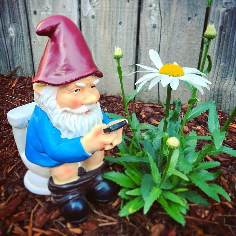 Funny Garden Gnome Statue - Naughty Miniature Gnome on Toilet Using Phone - Outdoor Garden Ornament