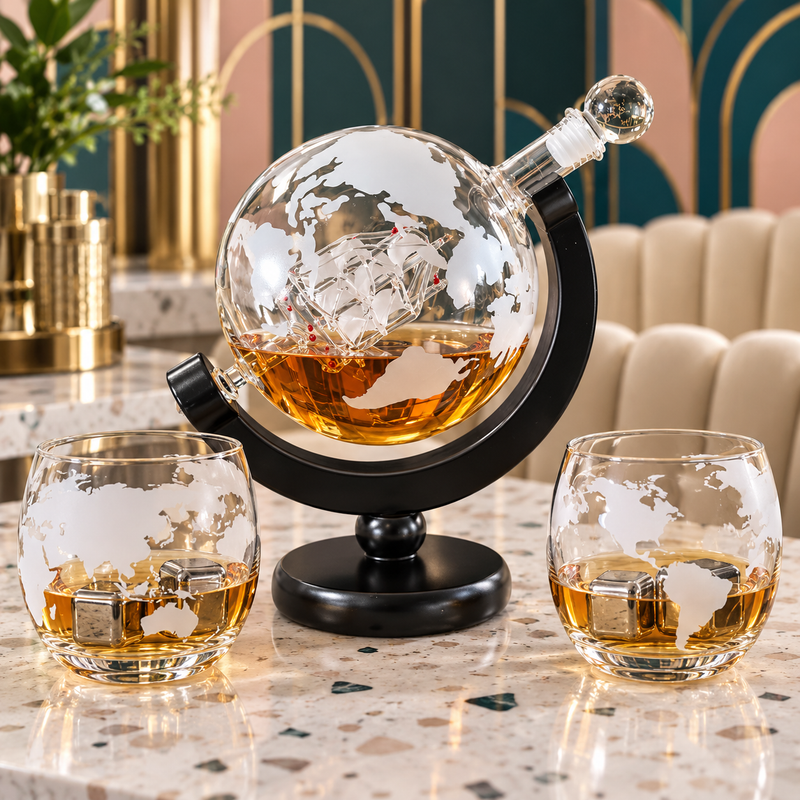 Twin Pack 700ml Whisky Globe Decanter Gift Sets with Glasses & Stones