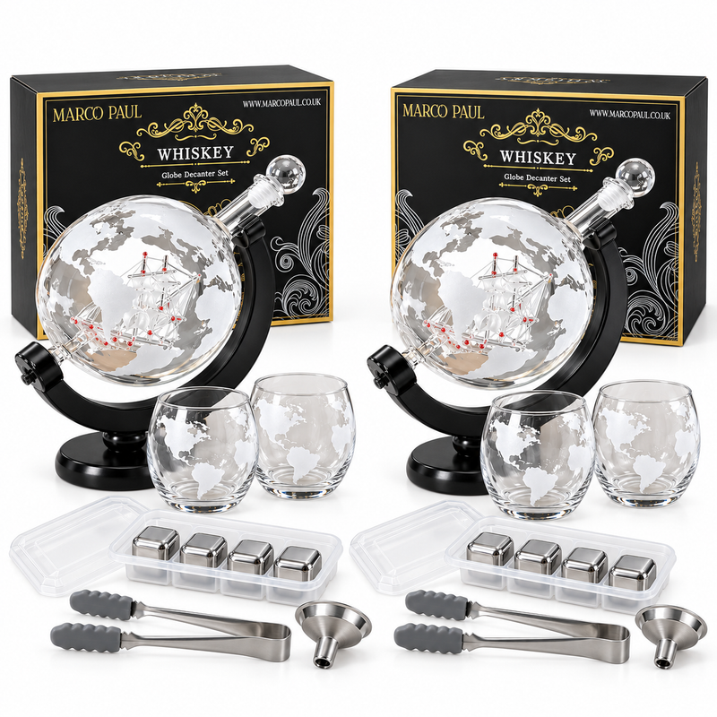 Twin Pack 700ml Whisky Globe Decanter Gift Sets with Glasses & Stones