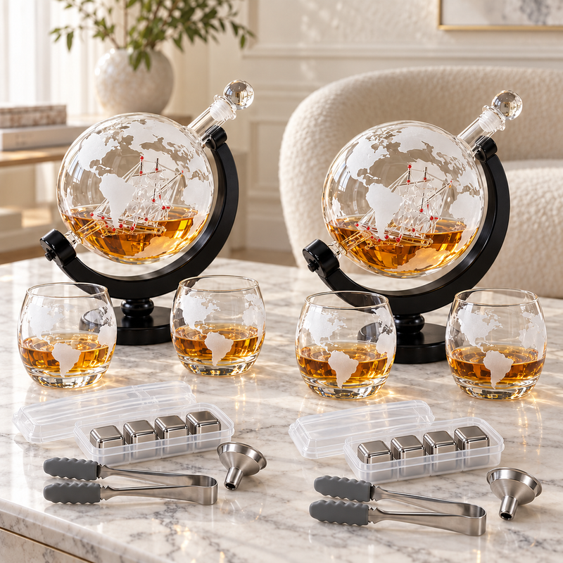 Twin Pack 700ml Whisky Globe Decanter Gift Sets with Glasses & Stones