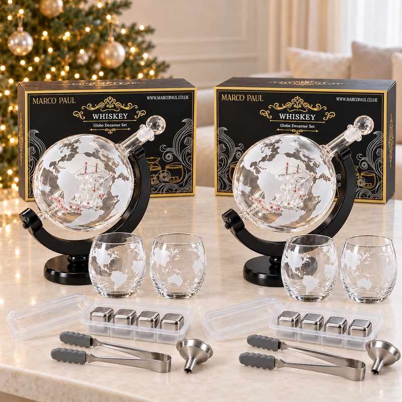 Twin Pack 700ml Whisky Globe Decanter Gift Sets with Glasses & Stones
