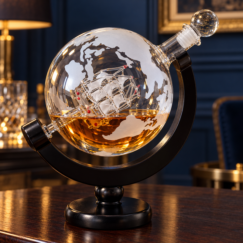 Twin Pack 700ml Whisky Globe Decanter Gift Sets with Glasses & Stones