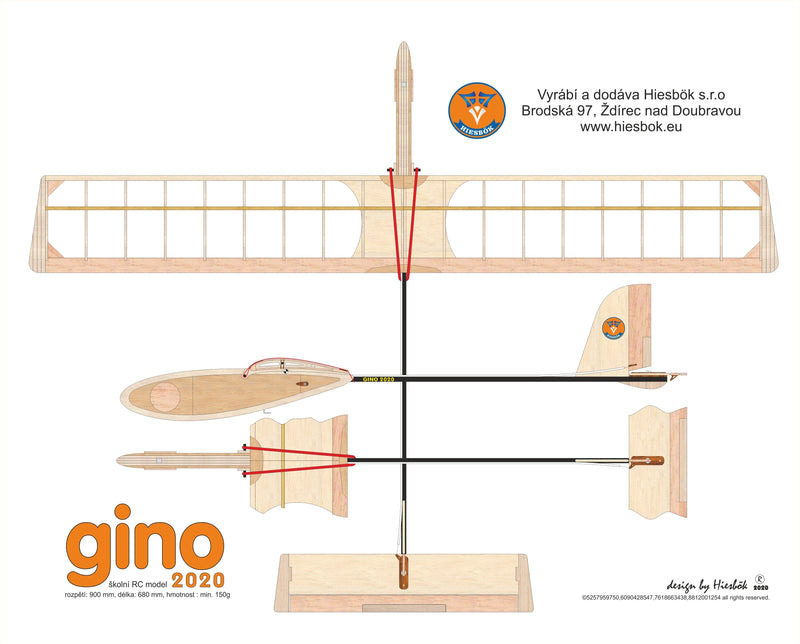 Hiesbok GINO Model Glider Kit for free flight or radio control, with built-up wing
