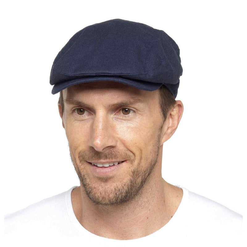 Mens Linen Flat Cap Vintage Style in Cream & Denim Blue
